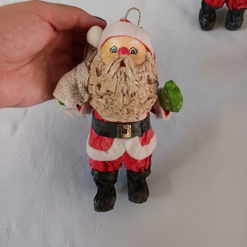 Vintage Paper Mache Christmas Ornaments Set 4 Santa Elf Folk Art Figures‎ Retro